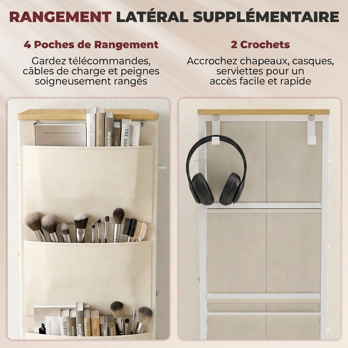 Commode 4 tiroirs en tissu, meuble de rangement avec 4 poches, 2 crochets, structure en acier, 45 x 30 x 94,5 cm, Beige
