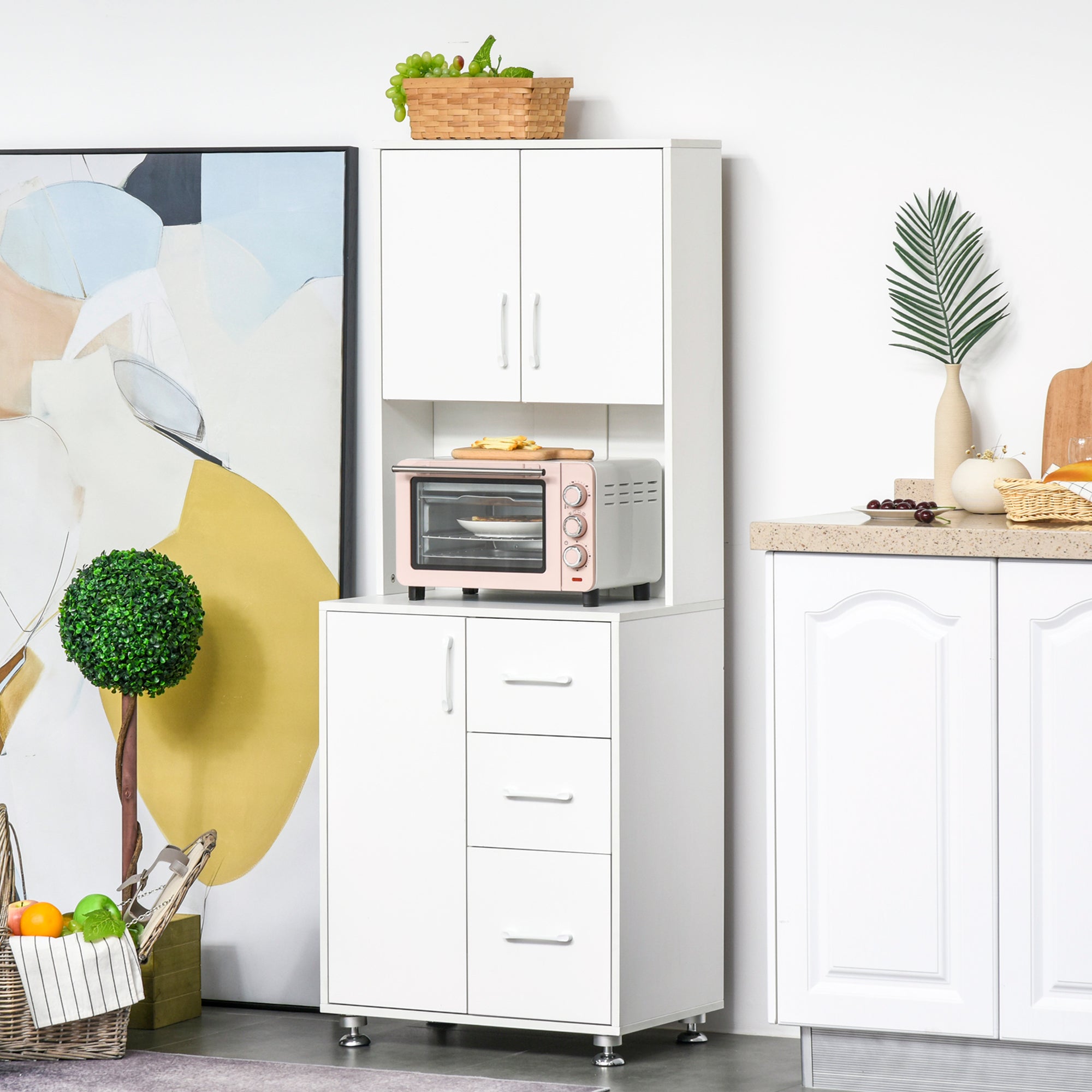 Alacena alta de cocina, armario de cocina con 3 puertas, 3 cajones y encimera, 60 x 40 x 160 cm, blanco