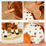 Cheval à Bascule en Bois et Peluche pour Enfant Cheval de Cowboy peluche Pour Enfants de 3-6 Ans Jouet balançoire avec Effet sonore Selle rênes Marron Blanc
