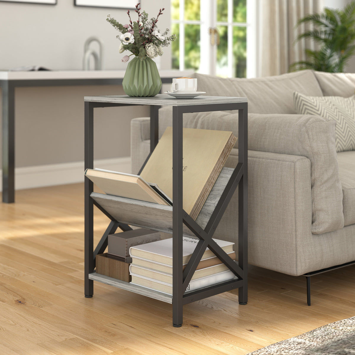 Table d'appoint étroite, bout de canapé rangement à 3 niveaux, porte-revues en V, cadre en acier, 40x30x61cm, gris foncé