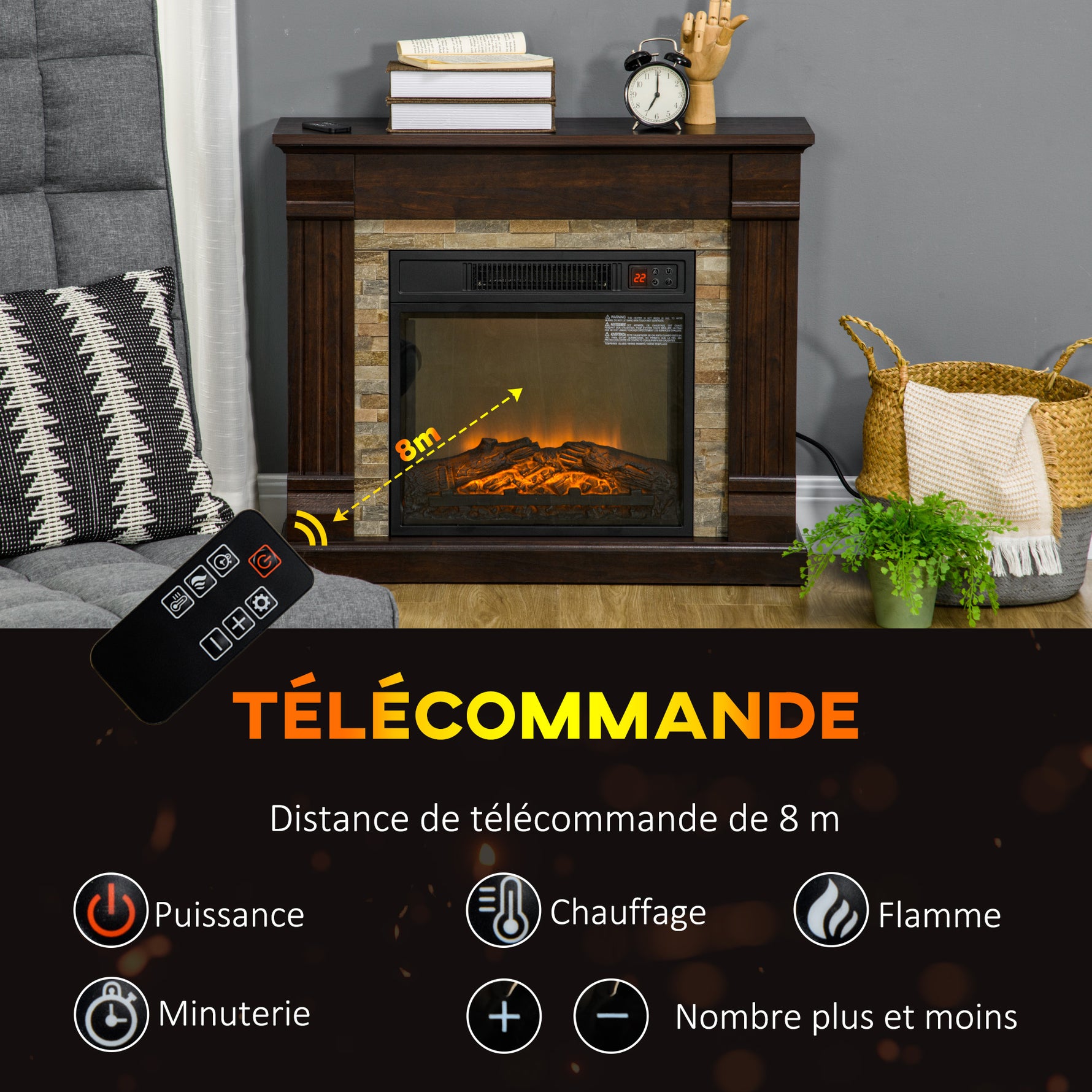 Cheminée électrique, cheminée décorative 1800W effet flamme, luminosité et température réglables, 80x21,6x67,8cm, marron