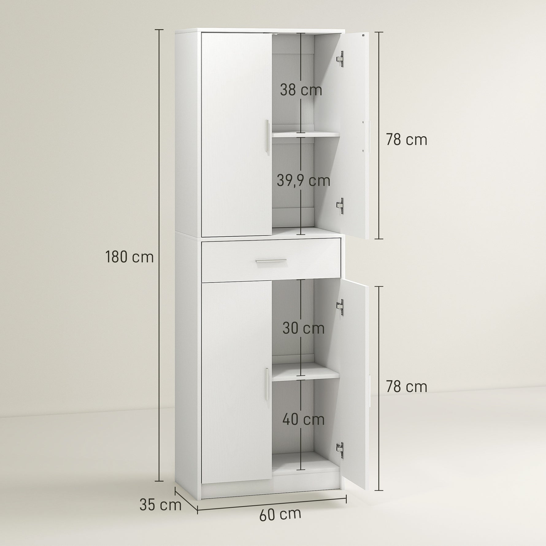 Armoire de cuisine moderne avec placards à portes, étagères réglables et tiroir, 60 x 35 x 180 cm, blanc