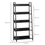 Étagère bibliothèque de Rangement Style Industriel incliné 5 Niveaux 70L x 35l x 150H cm Noir