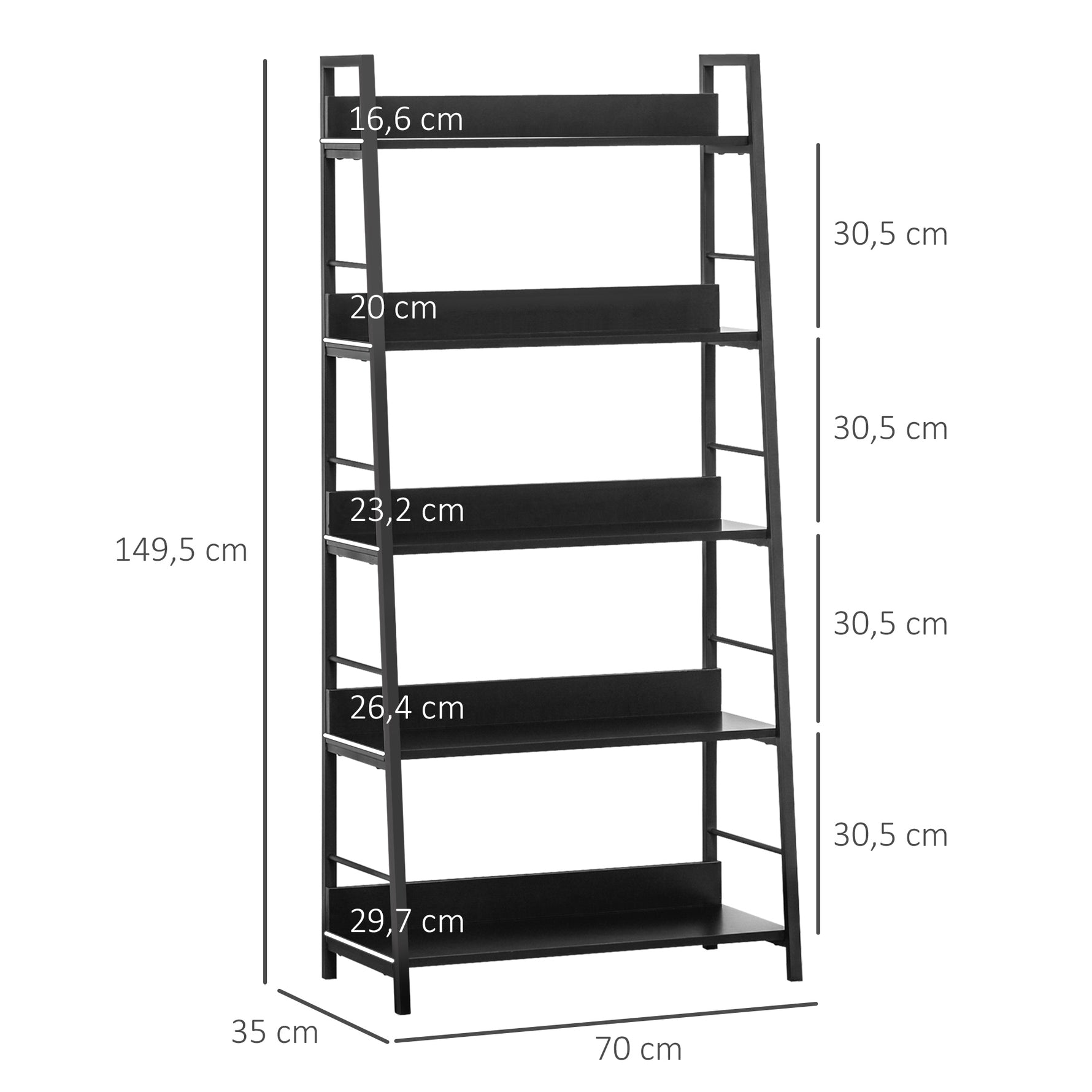 Étagère bibliothèque de Rangement Style Industriel incliné 5 Niveaux 70L x 35l x 150H cm Noir