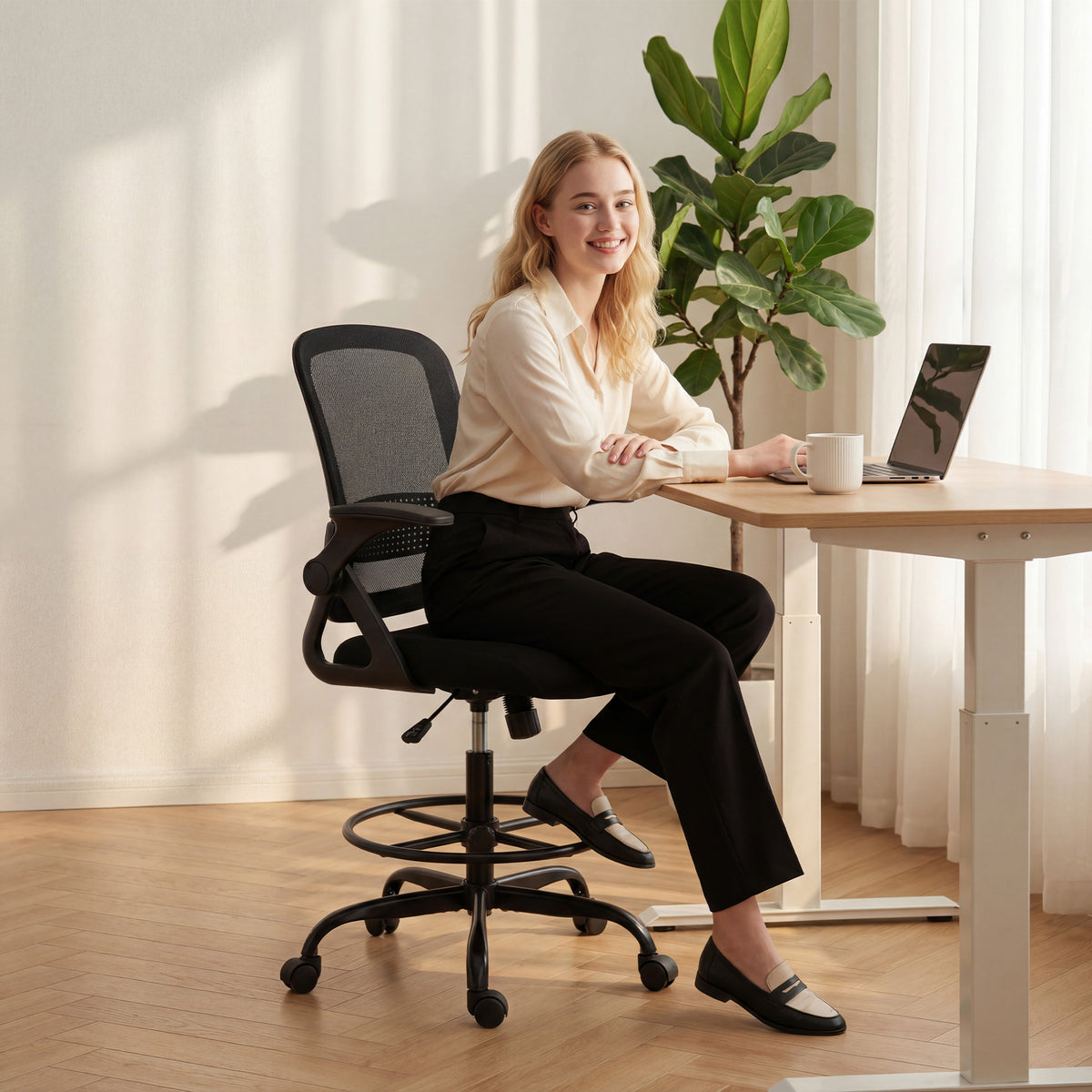 Chaise de bureau en maille, chaise d'ordinateur avec accoudoirs rabattables, hauteur réglable, repose-pieds, noir