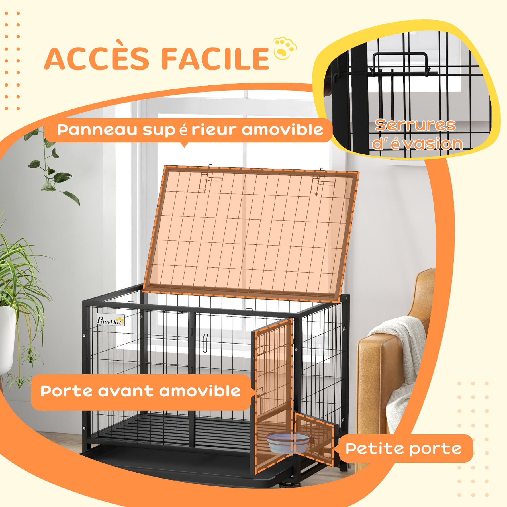 Cage pour chien cage de transport sur roulettes avec support de gamelle plateau amovible 2 portes verrouillables
