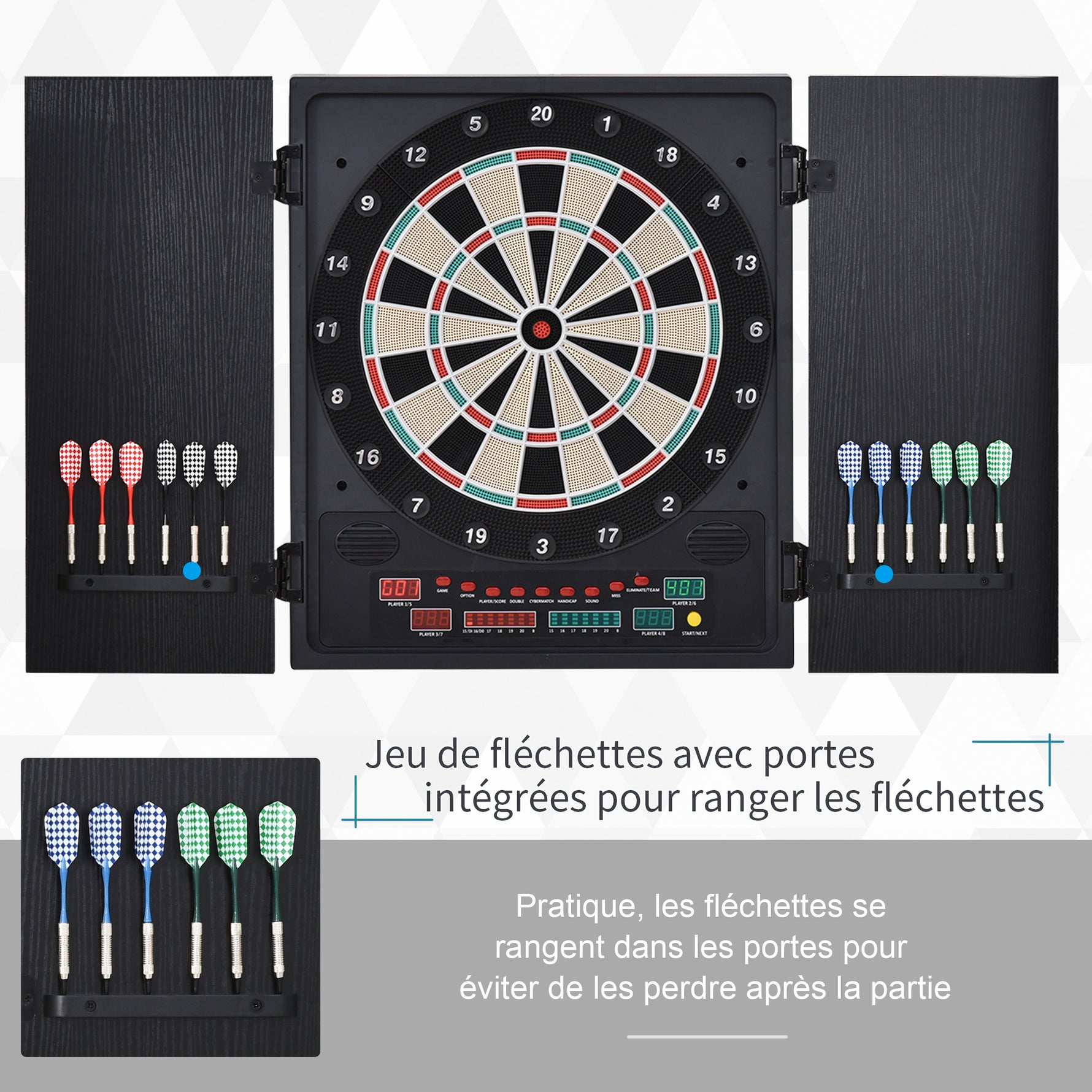 Cible jeu de fléchettes électronique refermable 27 jeux 202 variations jusqu'à 8 joueurs affichage LED