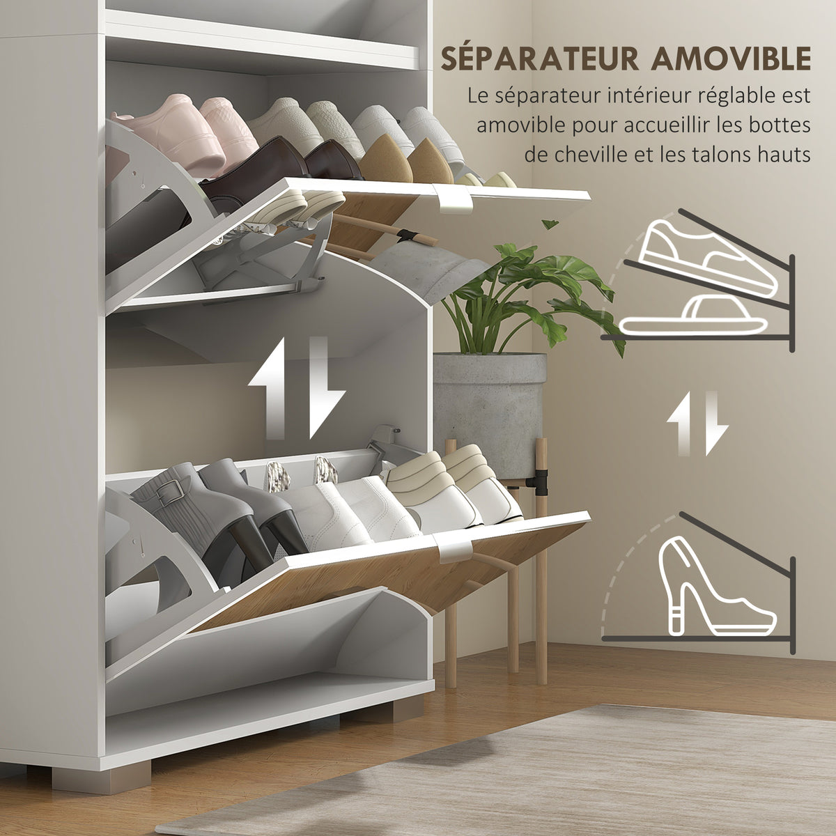 Meuble à chaussures 2 en 1 façades miroir 4 portes abattants, étagères réglables, jusqu'à 24 paires, 76l x 26P x 168H cm