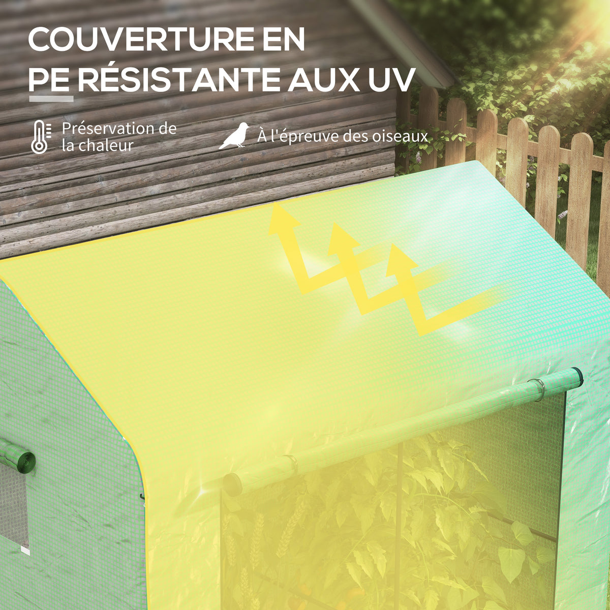 Serre de jardin 2,8m² avec 1 grande porte enroulable et 2 fenêtres, dim. 200L x 140l x 200H cm, vert