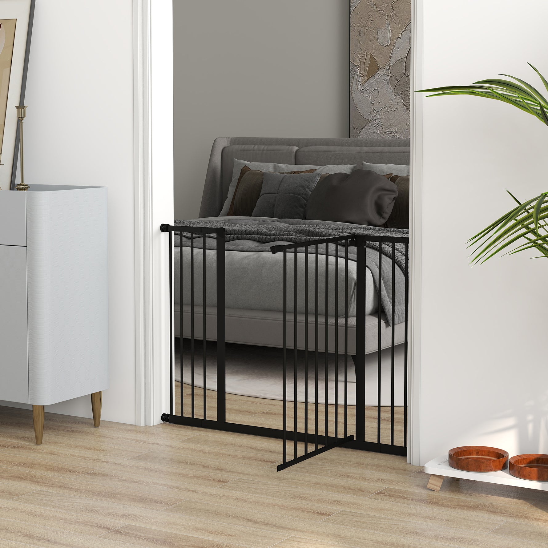 Barrière de Sécurité Chien Réglable 76-107 cm, avec 2 Rallonges (10/15 cm), Ouverture d'une Main, sans Perçage, Noir