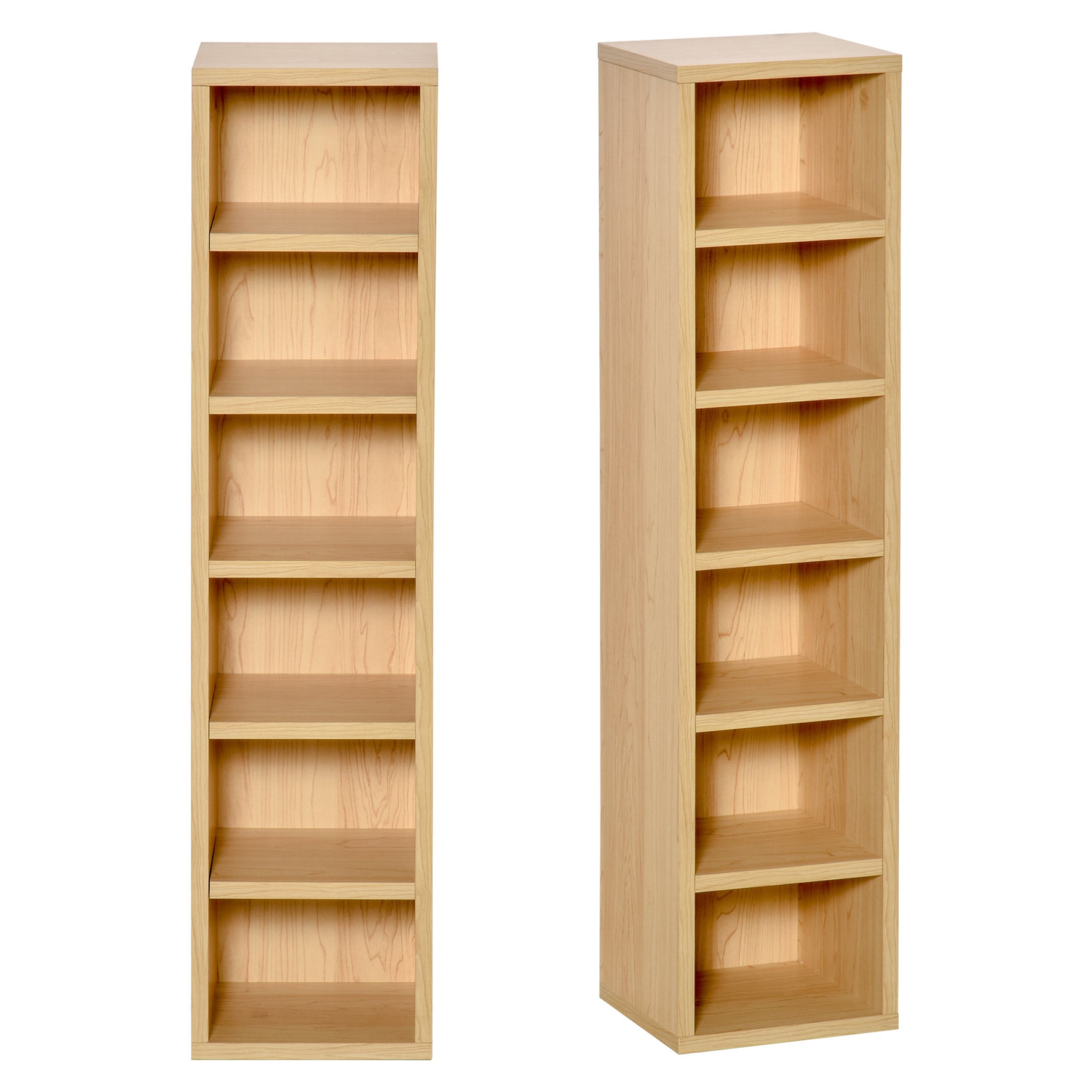 Lot de 2 étagères colonnes Armoire de Rangement CD-DVD 6 + 6 Compartiments dim. 21L x 19l x 88H cm capacité Max. 160 CD Naturel