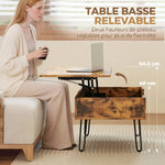 Table Basse Relevable en Bois avec Grand Rangement Caché, Hauteur Réglable, 95 x 50 x 40 cm, Marron Rustique