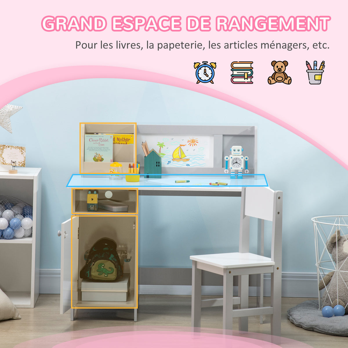 Ensemble table et chaise pour enfant avec tableau blanc - bureau pour enfant +5 ans - 90L x 45l x 85H cm Gris