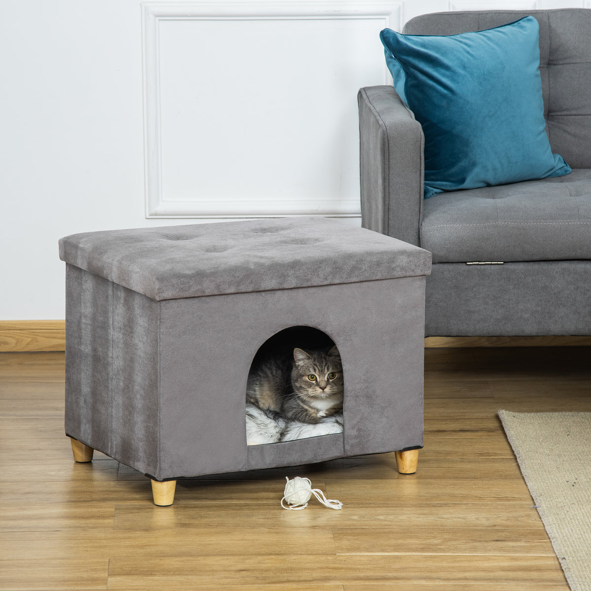 Niche chat maison de chat design surélevé avec coussin amoviable et lavable en peluche doux repose-pieds, dessus ouvrable, gris