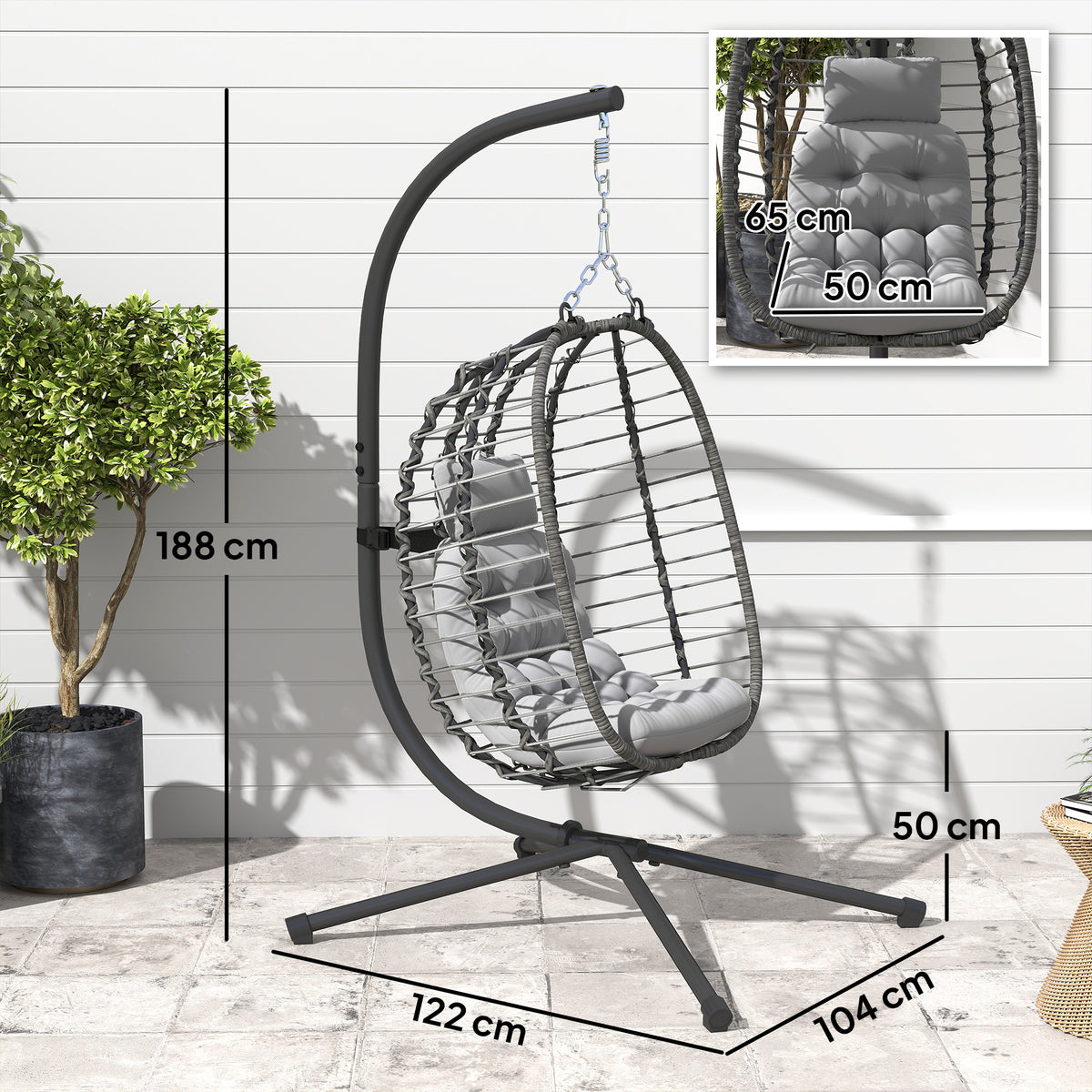 Fauteuil suspendu pliable en résine tressée avec support, coussin et oreiller hauteur réglable, gris