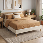 Bedframe 160 x 200 cm met lattenbodem, tweepersoonsbed gestoffeerd in corduroy, opbergruimte eronder, crème