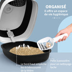 bac à litière pour chat pliable porte battante lucarne + pelle fournis noir blanc
