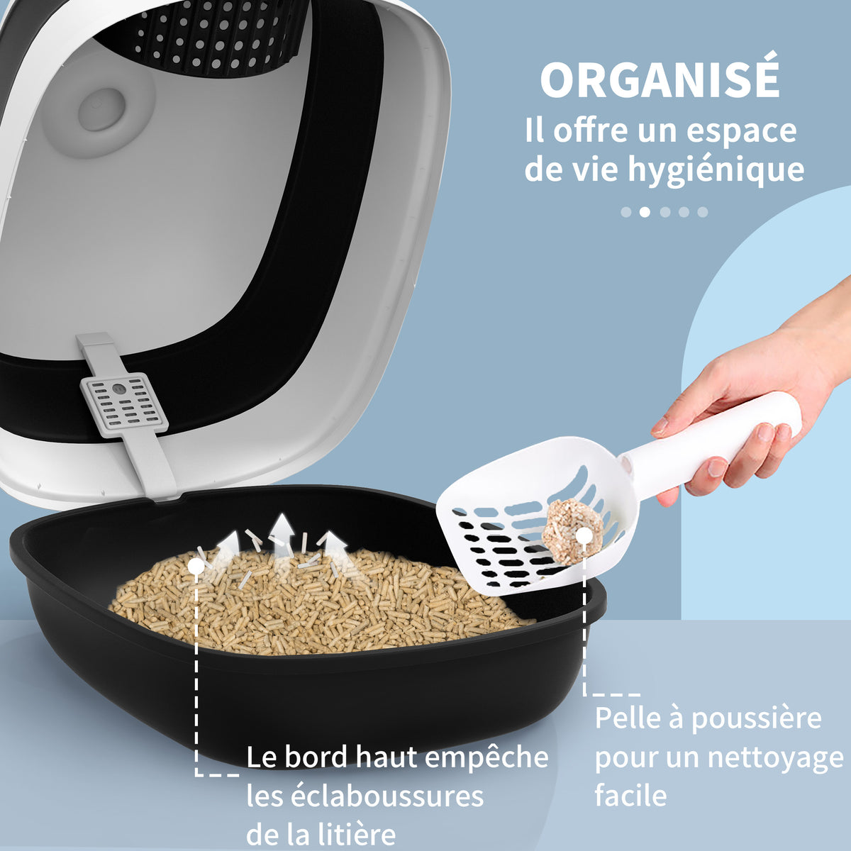 bac à litière pour chat pliable porte battante lucarne + pelle fournis noir blanc