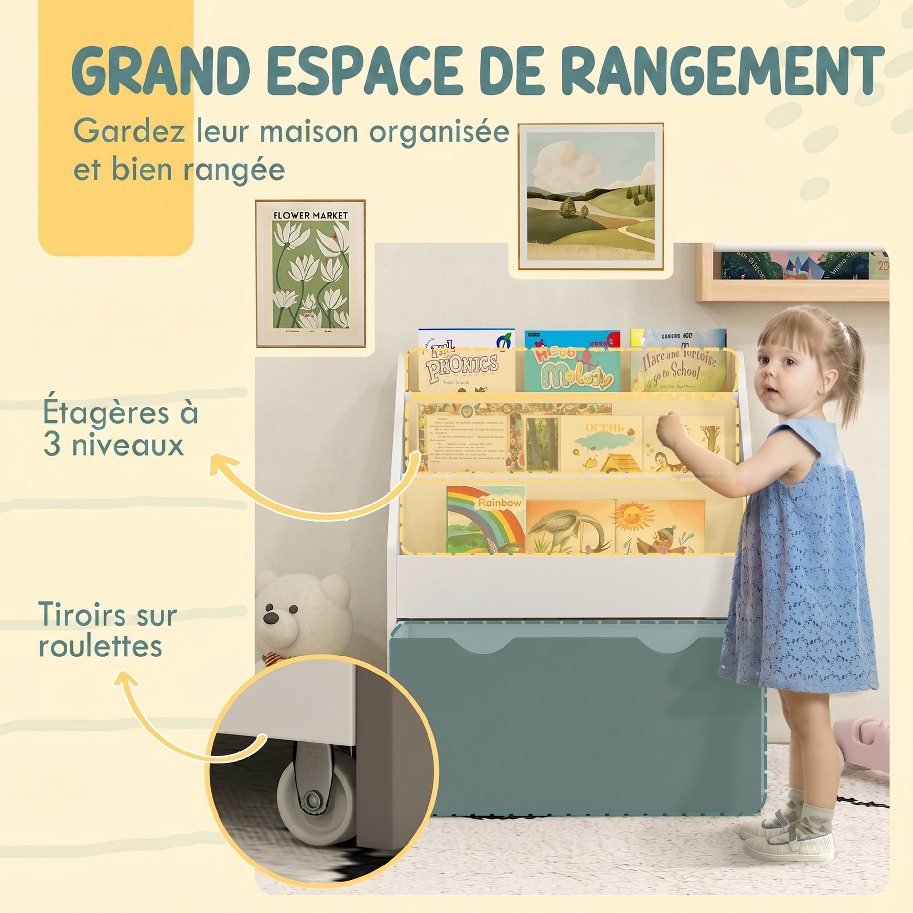 Bibliothèque pour enfants Multi-Rangement avec 3 niveaux d'étagères et un tiroir, 62,5L x 30l x 70H cm, gris et blanc