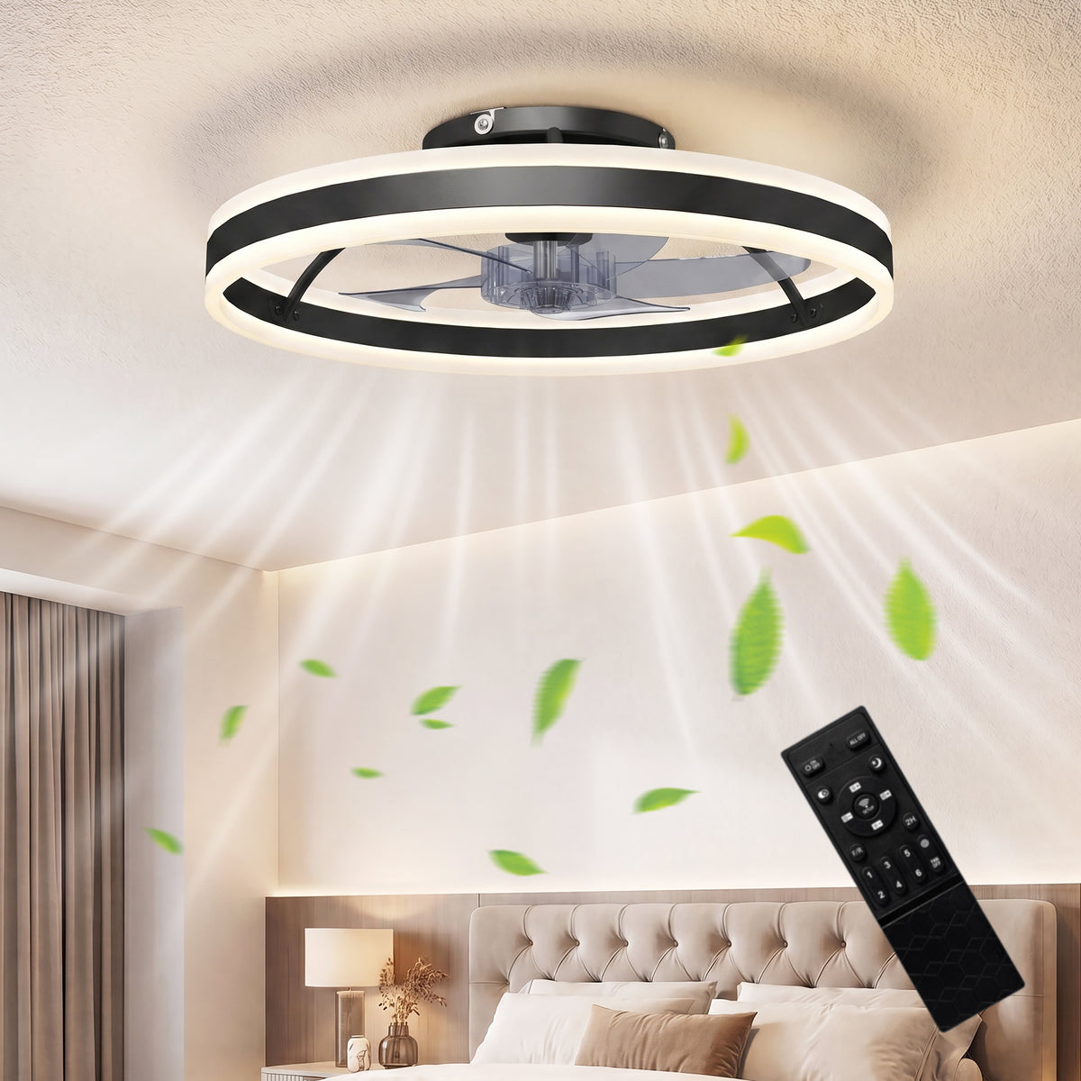 Ceiling fan with light and remote control, 50 cm ceiling fan light with 6 speeds, black