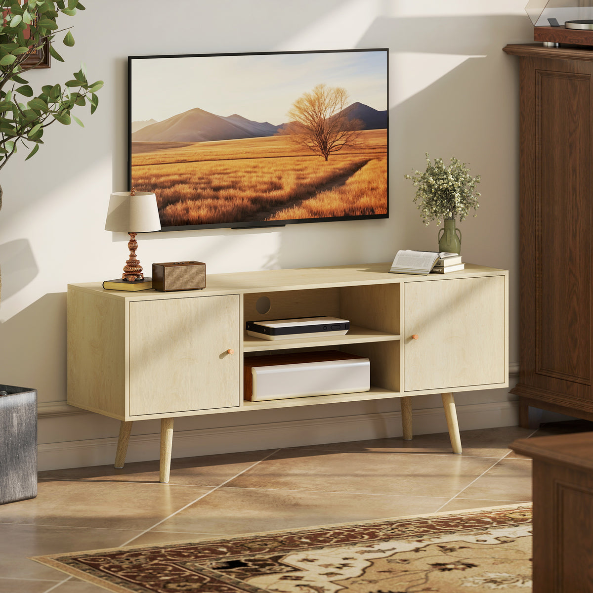Meuble TV meuble télé pour téléviseur jusqu'à 55 pouces 2 placards et 2 étagères ouvertes 120x34x50cm effet bois naturel
