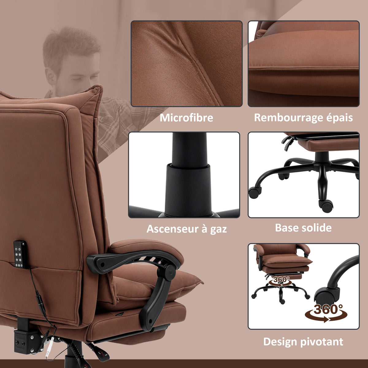 Fauteuil de bureau massant et chauffant, chaise de bureau, hauteur réglable, dossier inclinable, 66x74x121,5cm marron