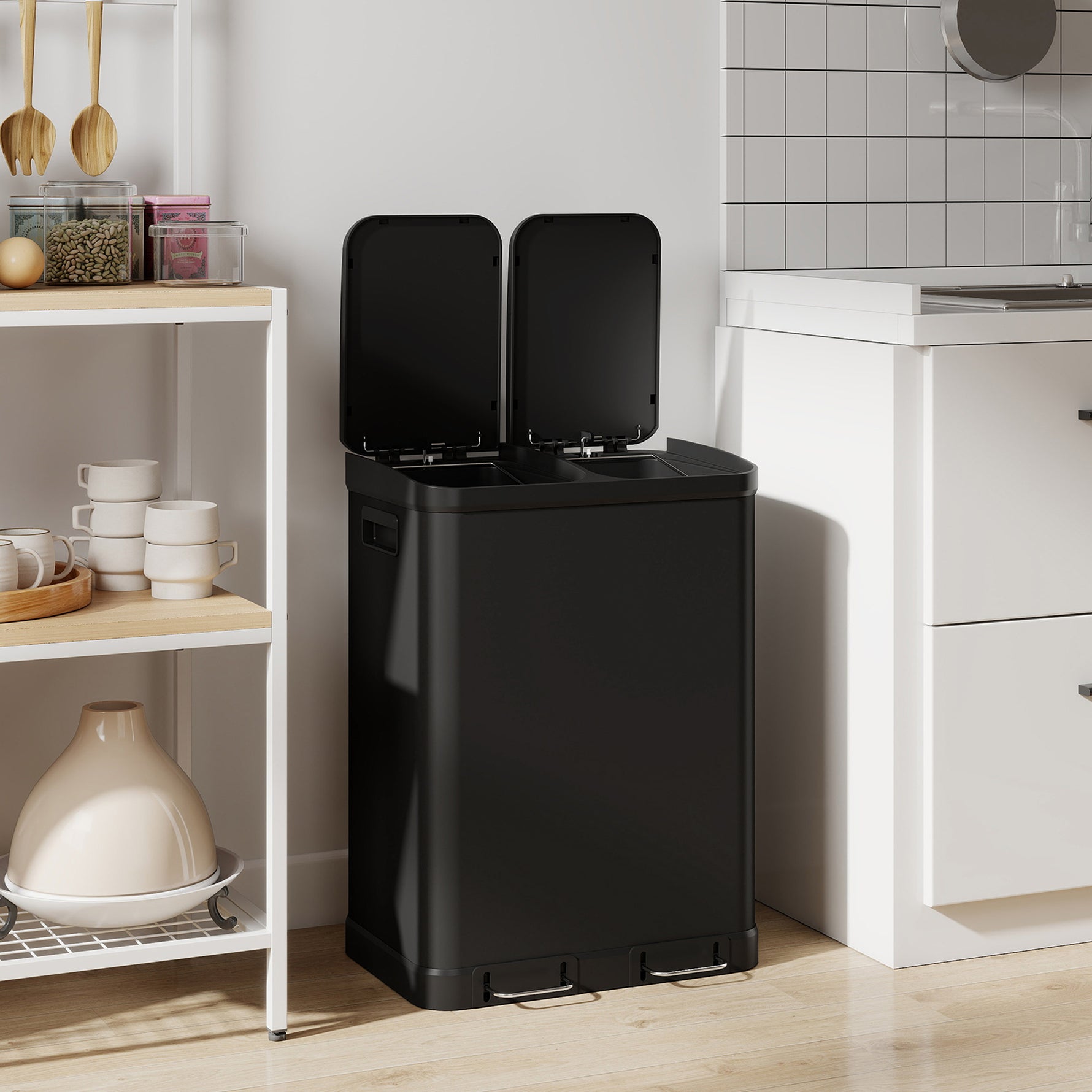 Poubelle de cuisine à double compartiment 2 x 30L avec pédale en acier inoxydable, couvercle à fermeture douce, noir