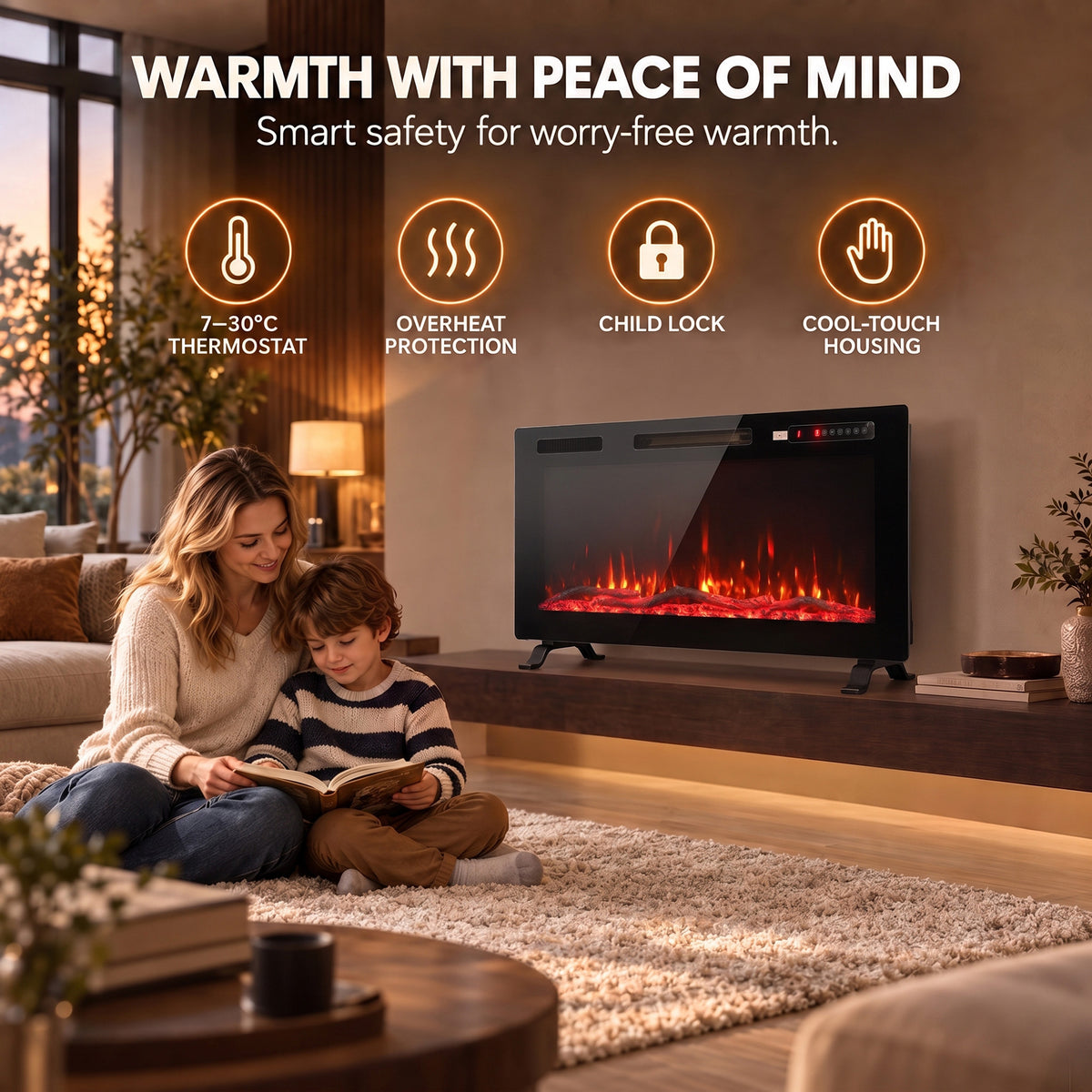Elektrischer Kamin, einbaubar, wandmontierbar oder freistehend, 3-in-1, dekorativer Kamin, extra flach, 900W/1800W, 3D-Flammeneffekt, Schwarz