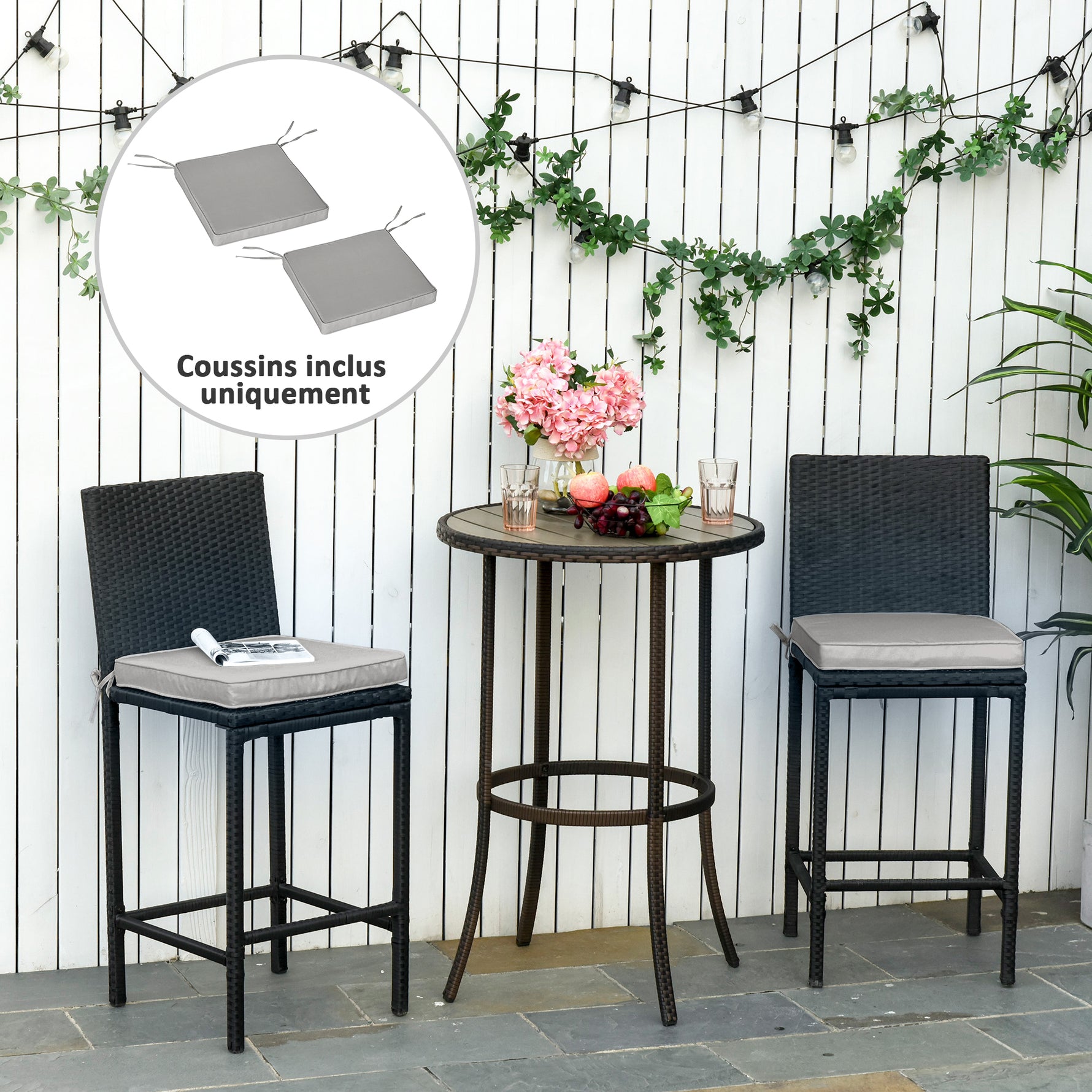 Lot de 2 Coussins de Chaise Fauteuil de Jardin Coussins d'assise déhoussables Rembourrage 5 cm Polyester Gris clair