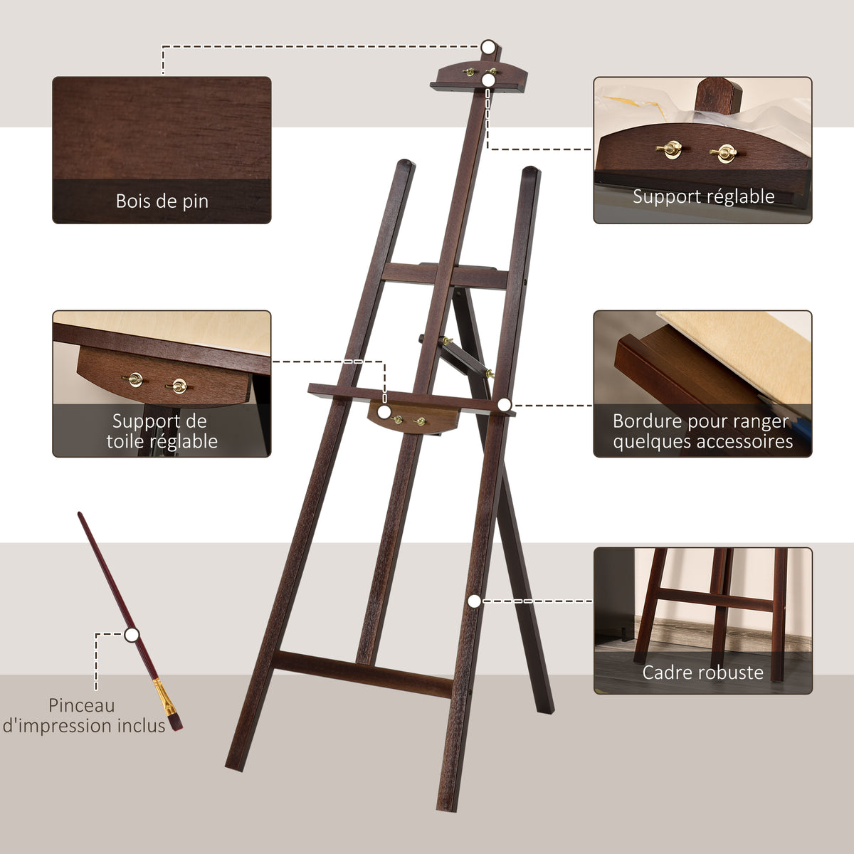 Chevalet d'artiste sur pieds dim. 51,5L x 71,5l x 134,5H cm inclinaison réglable 90° max. bois de pin