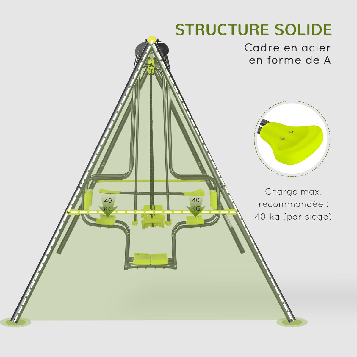 Balançoire 4 agrès portique avec balançoire - dim. 3,55L x 1,84l x 1,86H m métal époxy anticorrosion PE Gris