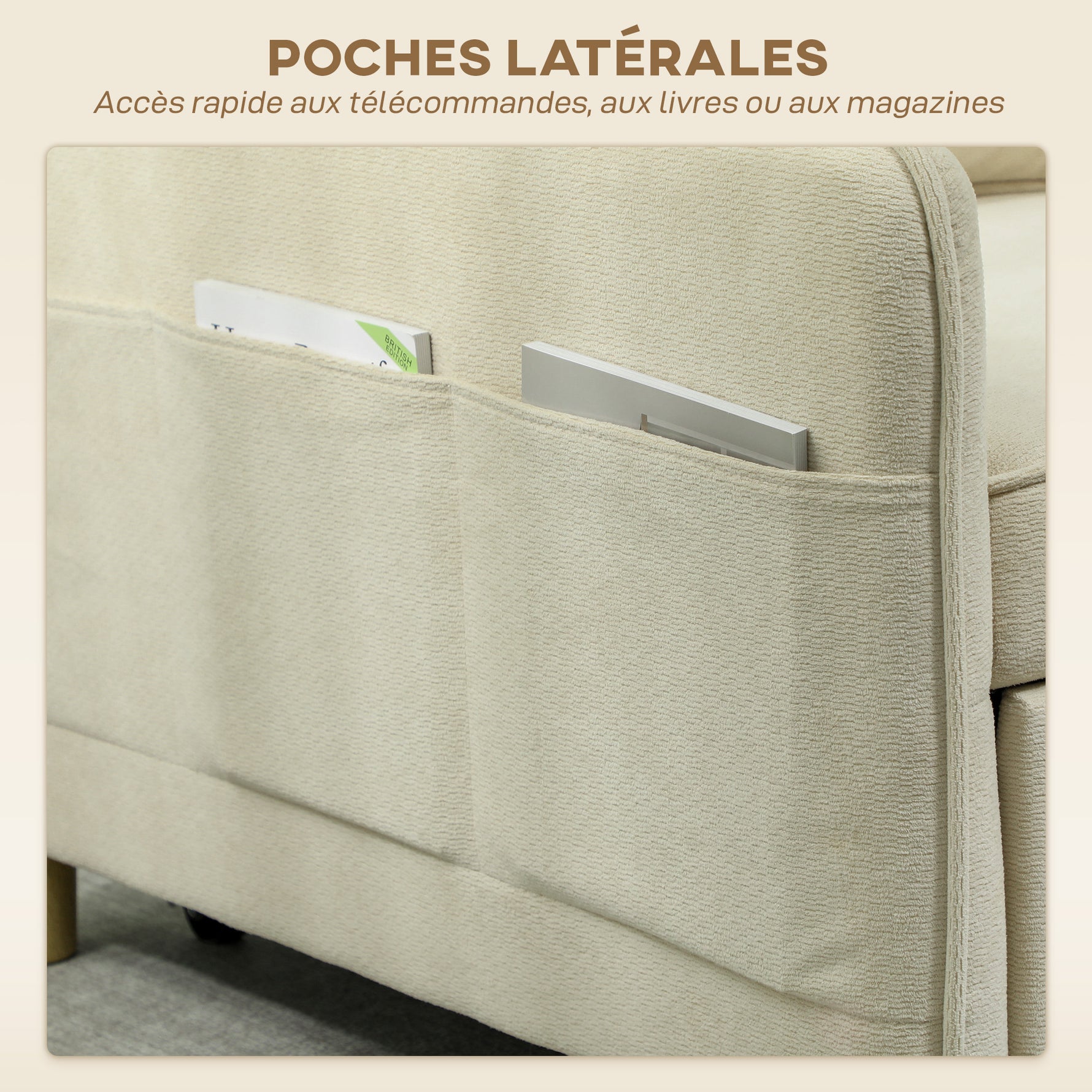Fauteuil Convertible 1 Place, Fauteuil-Lit Clic-Clac 3 en 1 Rembourré en Velours Grain Maïs, Dossier Réglable, Beige