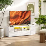 Meuble TV, banc TV, meuble de télévision, jusqu'à 60 pouces, avec lumières LED, 2 étagères et placards, panneau de porte brillant, 137 x 35 x 42 cm, blanc