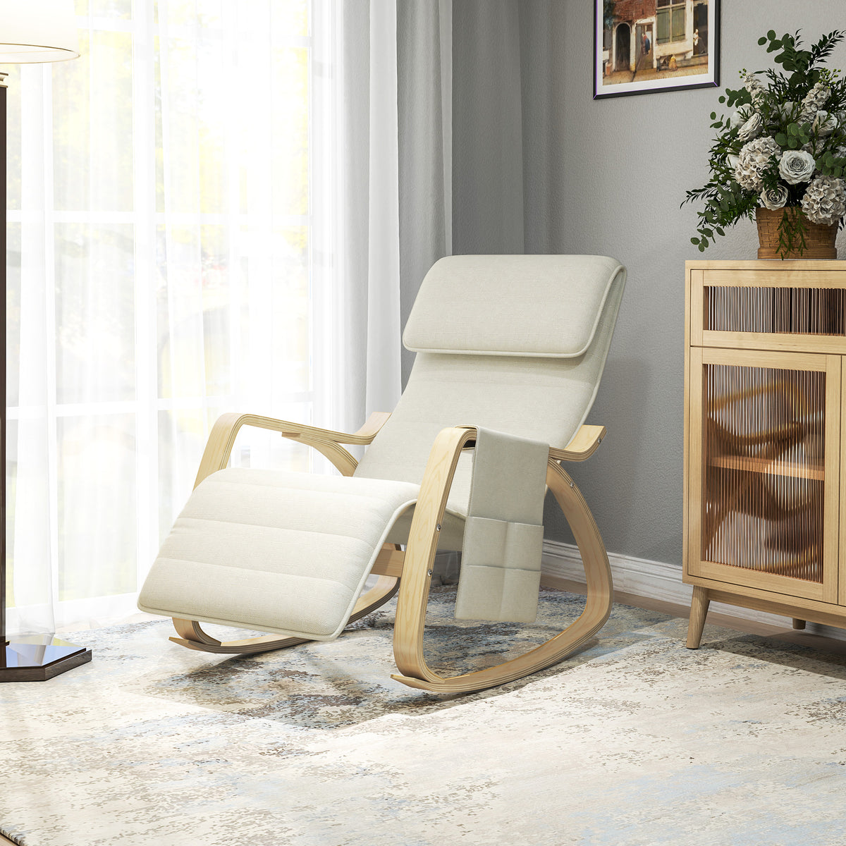 Fauteuil relax à bascule fauteuil allaitement avec repose-pieds réglable, poche latérale et appui-tête, blanc crème
