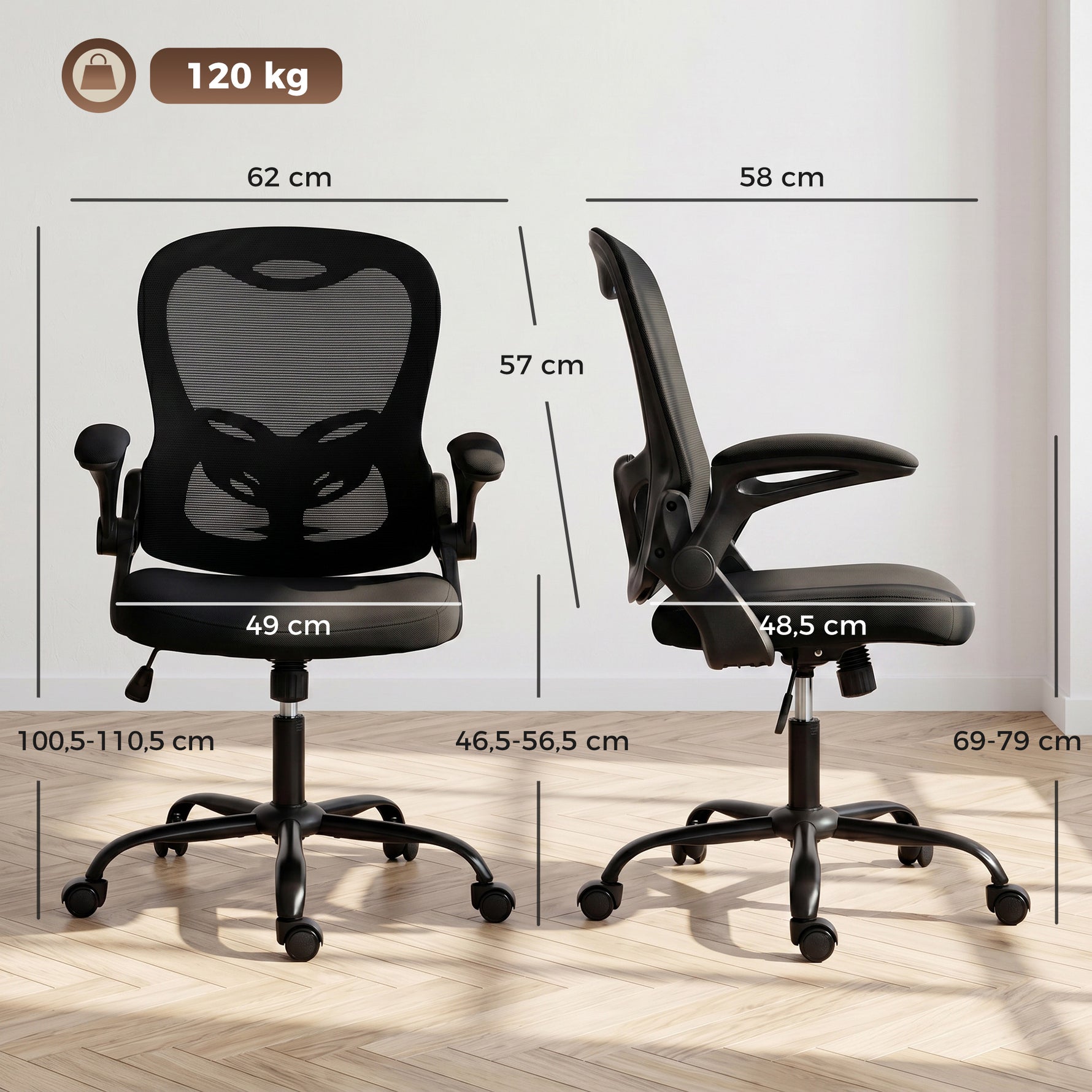 Chaise Bureau Ergonomique, Fauteuil de Bureau Maille, Accoudoirs Relevables, Hauteur Réglable, Fonction Bascule, Noir