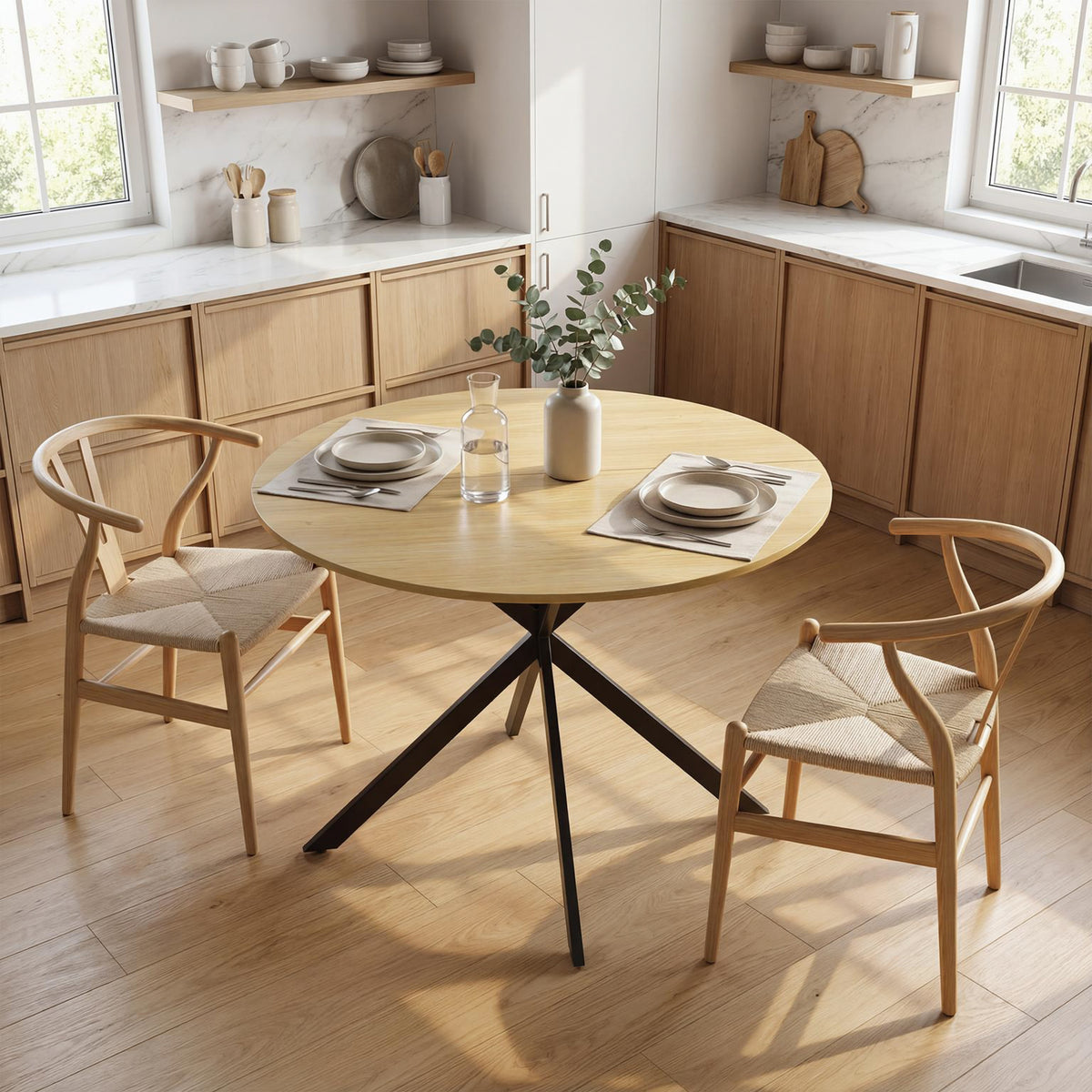 Table à Manger Ronde pour 4 Personnes 100 cm, Style Industriel avec Plateau Aspect Bois, Piètement Croisé en Acier Chêne