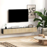 Meuble TV suspendu 140cm, meuble télé pour téléviseur 72 pouces, 2 portes rabattables, 140x25x22cm, bois naturel et noir