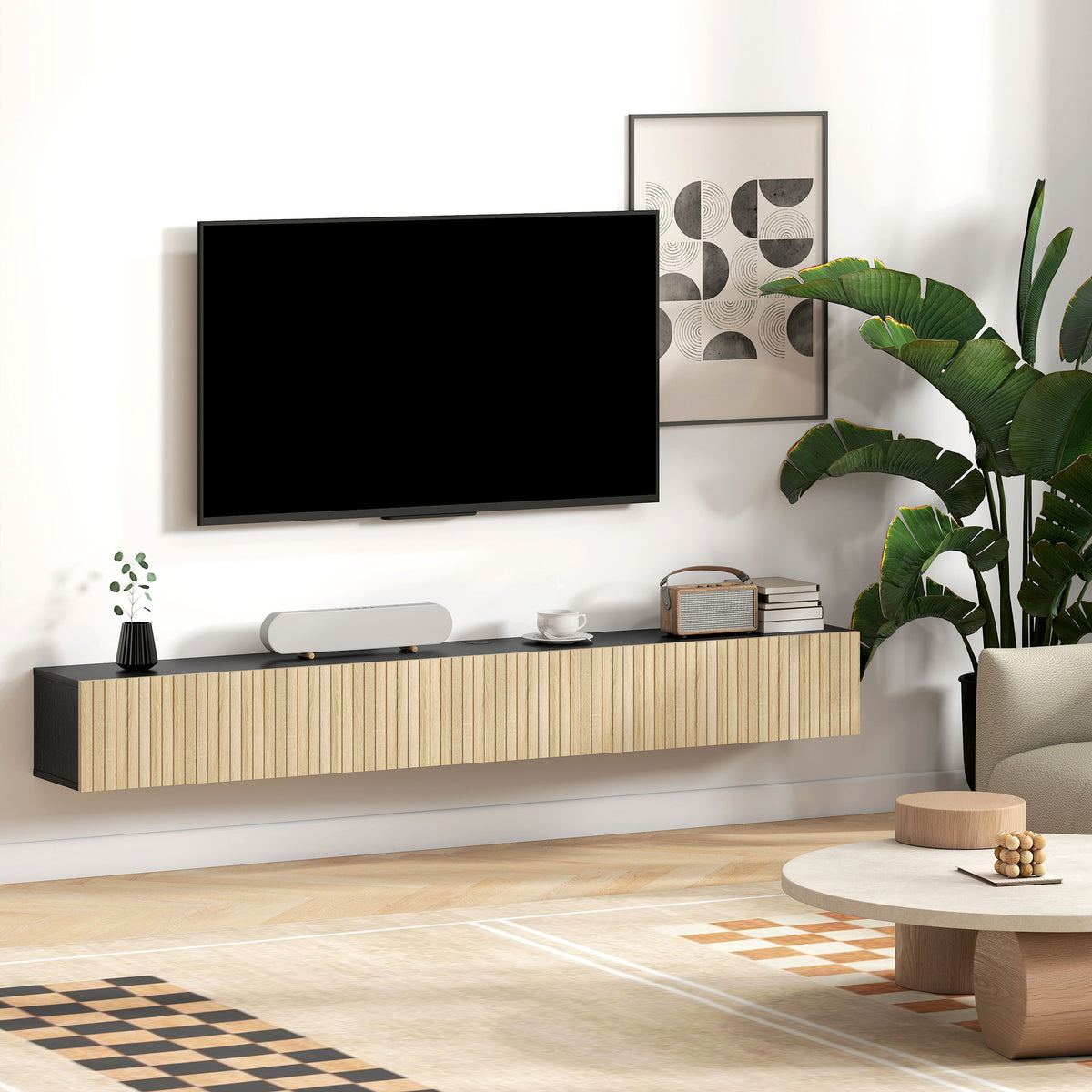 Meuble TV suspendu 140cm, meuble télé pour téléviseur 72 pouces, 2 portes rabattables, 140x25x22cm, bois naturel et noir