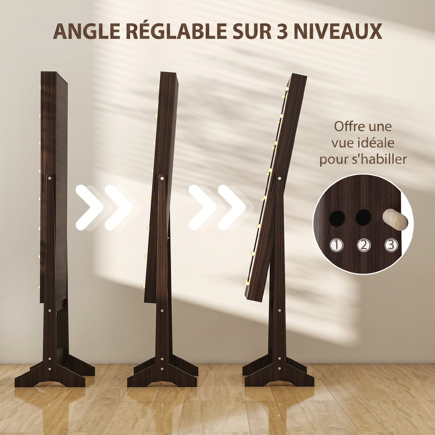 Armoire à Bijoux, Armoire de Rangement sur Pieds, Boîte à Bijoux avec Miroir Multi-Rangements Éclairage LED Marron Foncé