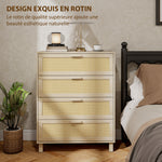 Commode 4 tiroirs cannage en rotin dim. 80L x 40l x 103H cm MDF Aspect Bois Clair