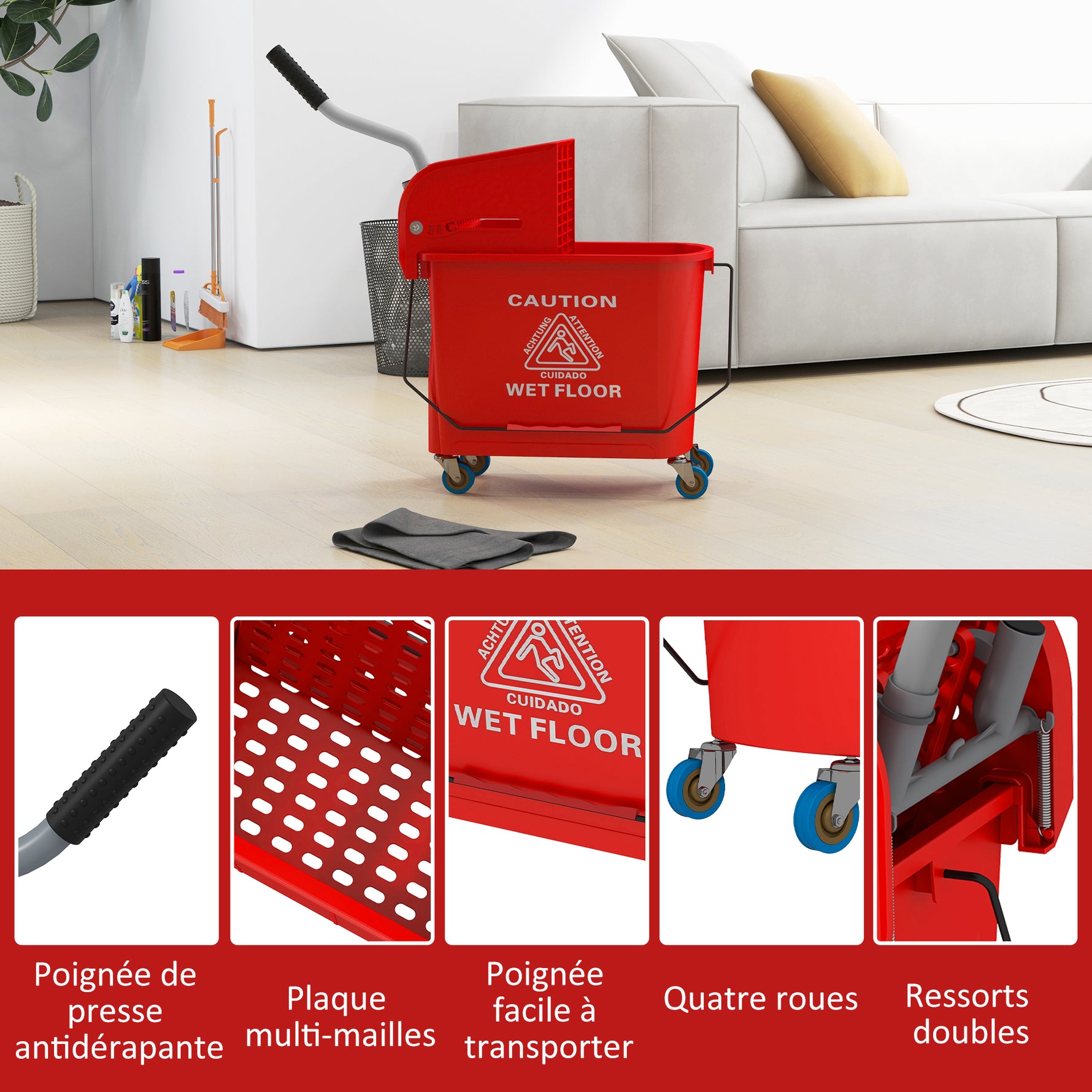Chariot de nettoyage lavage seau de ménage 20 L avec essoreur et séparateur eau sale propre rouge 60L x 27l x 70,5H cm