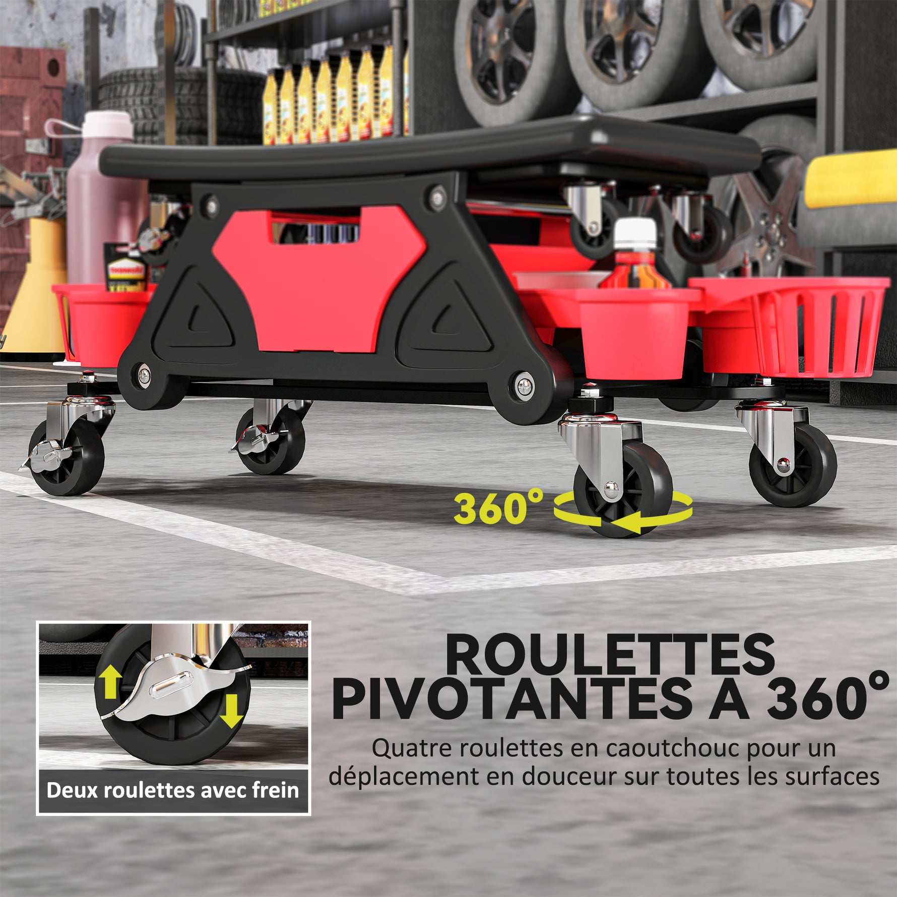 Tabouret d'atelier mobile 135 kg, tabouret de mécanicien avec roulettes rotatif à 360° avec plateaux, 86x33x33cm, rouge