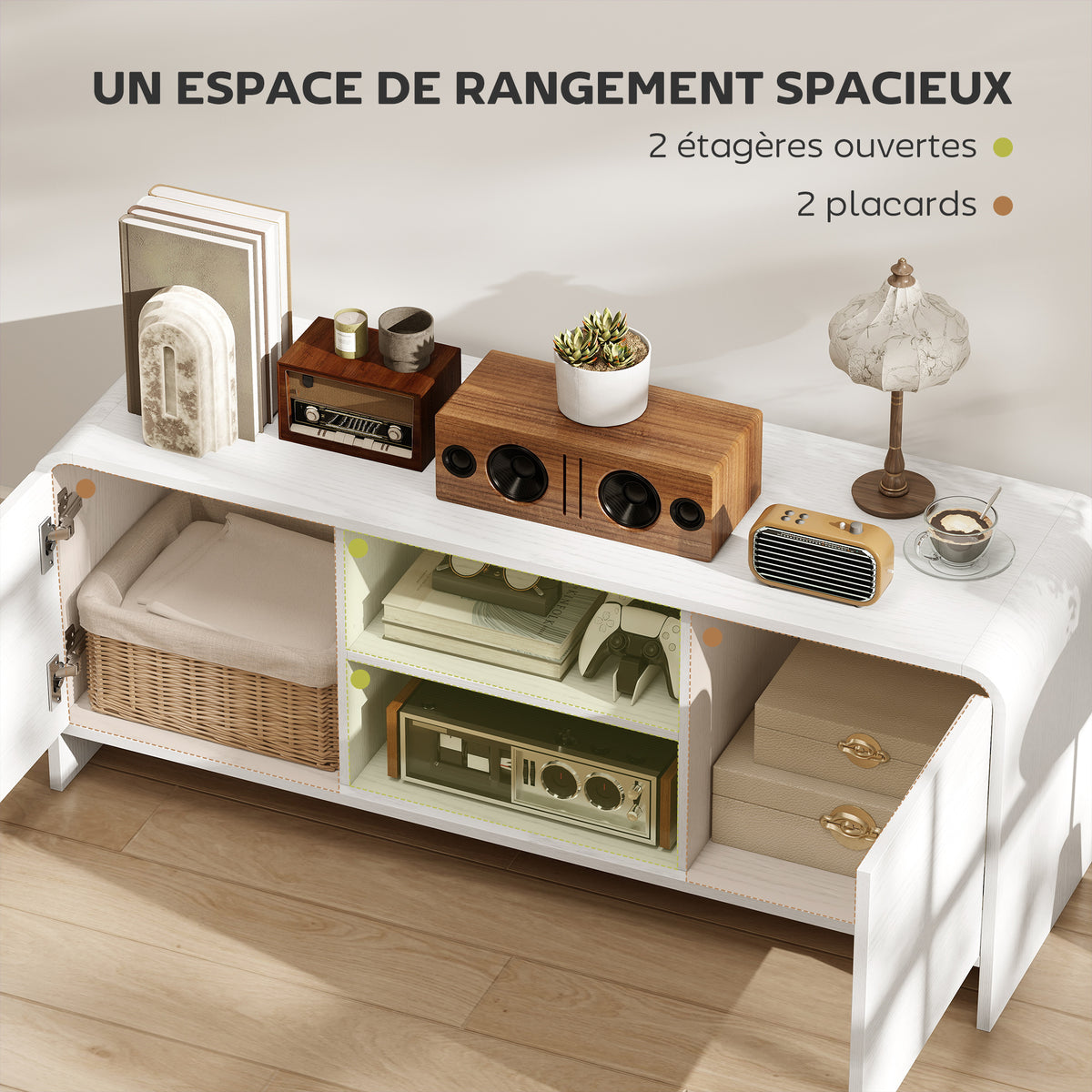 Meuble TV meuble télé pour téléviseur jusqu'à 55 pouces 2 portes 2 compartiments étagère réglable 110x35x45cm blanc