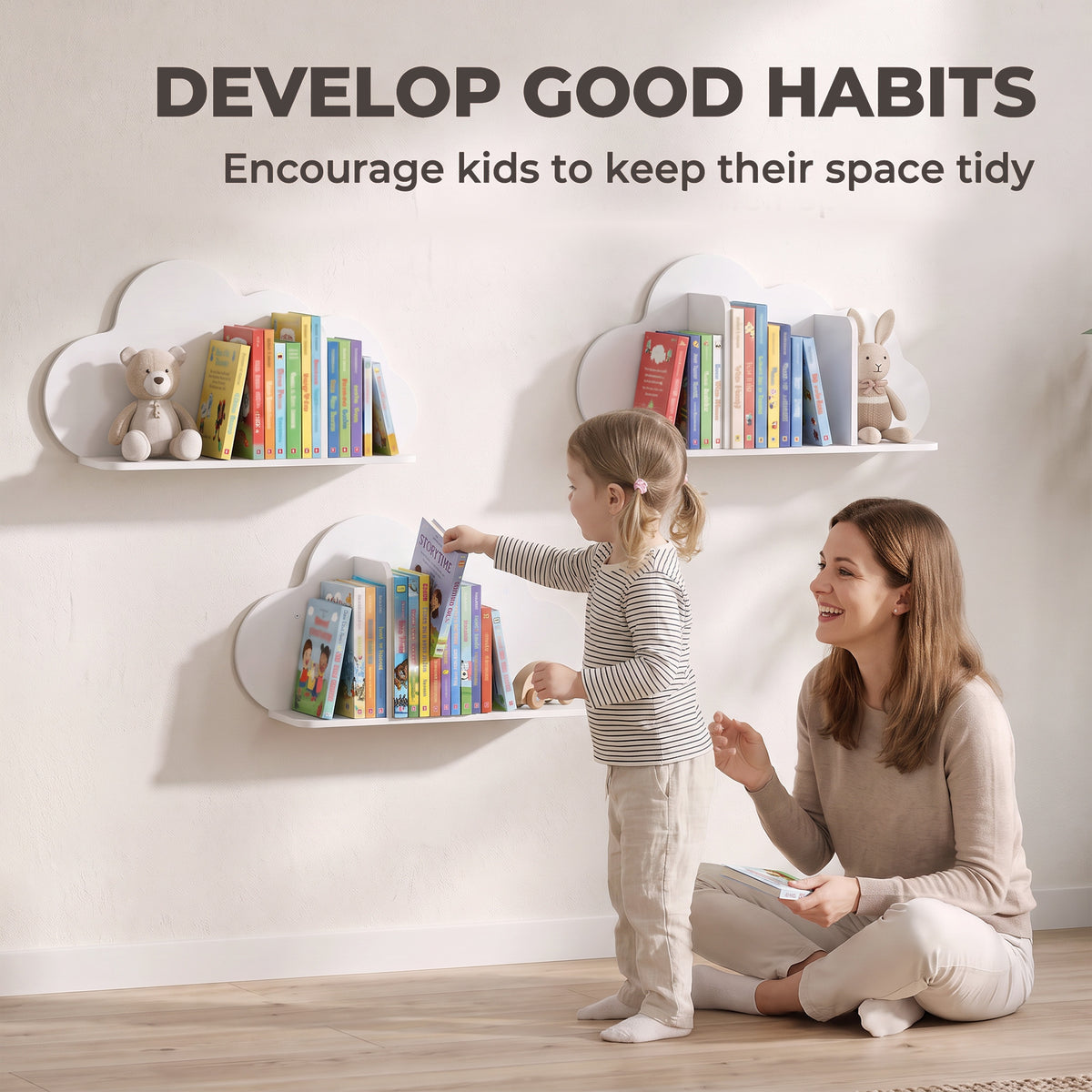 Set di 3 mensole portalibri da parete per bambini, a forma di nuvola, libreria per bambini 3-8 anni, bianco