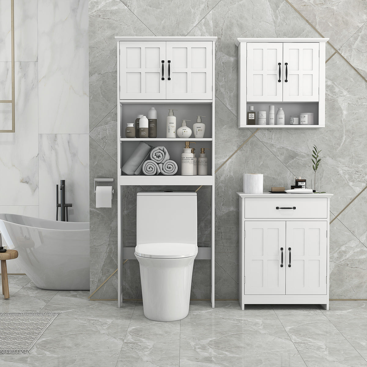 Meuble WC dessus de toilette armoire de rangement de salle de bain avec niches placard à double porte étagère réglable