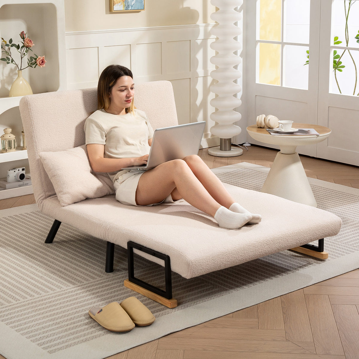 Canapé convertible 2 places 4 en 1, canapé-lit avec dossier réglable sur 5 niveaux, 2 coussins, 102 x 73 x 81 cm, beige