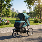 Poussette pour Chien Pliable Tout Terrain, Roue Avant Verrouillable, Coussin, Auvent Réglable, 111x58x107cm, Vert Foncé