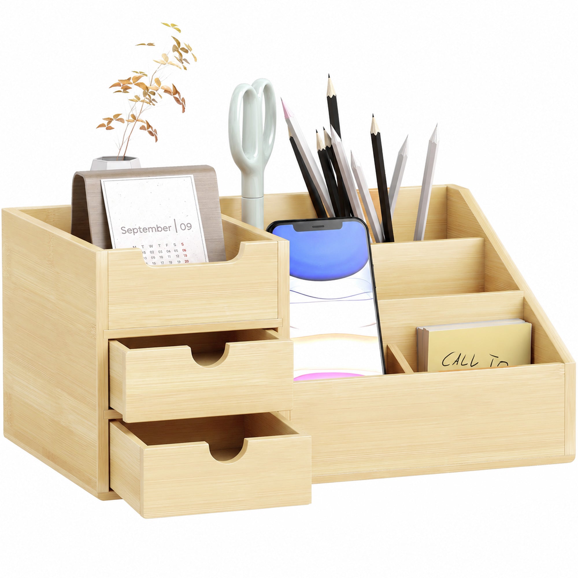 Scatola portaoggetti da scrivania - Organizer da ufficio - 7 scomparti, 2 cassetti - Bambù verniciato, bambù