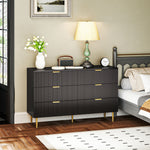 Commode 6 tiroirs commode chambre meuble de rangement moderne avec poignées et pieds dorés, 120 x 40 x 76,5 cm, noir