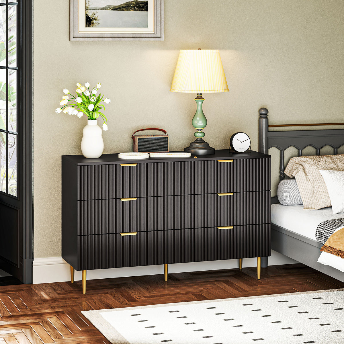 Commode 6 tiroirs commode chambre meuble de rangement moderne avec poignées et pieds dorés, 120 x 40 x 76,5 cm, noir